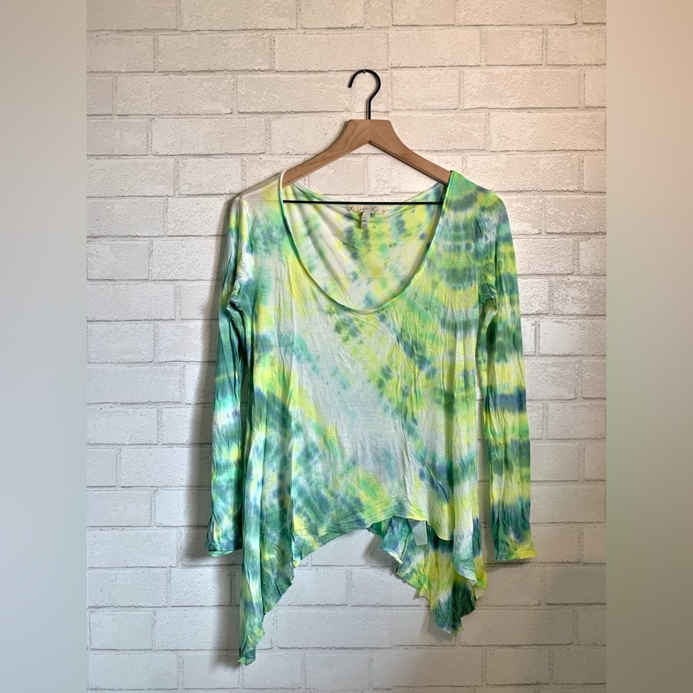 Soft Joie Lightweight Sheer Drapey Green & Yellow Tie-Dye Long Sleeve Top
